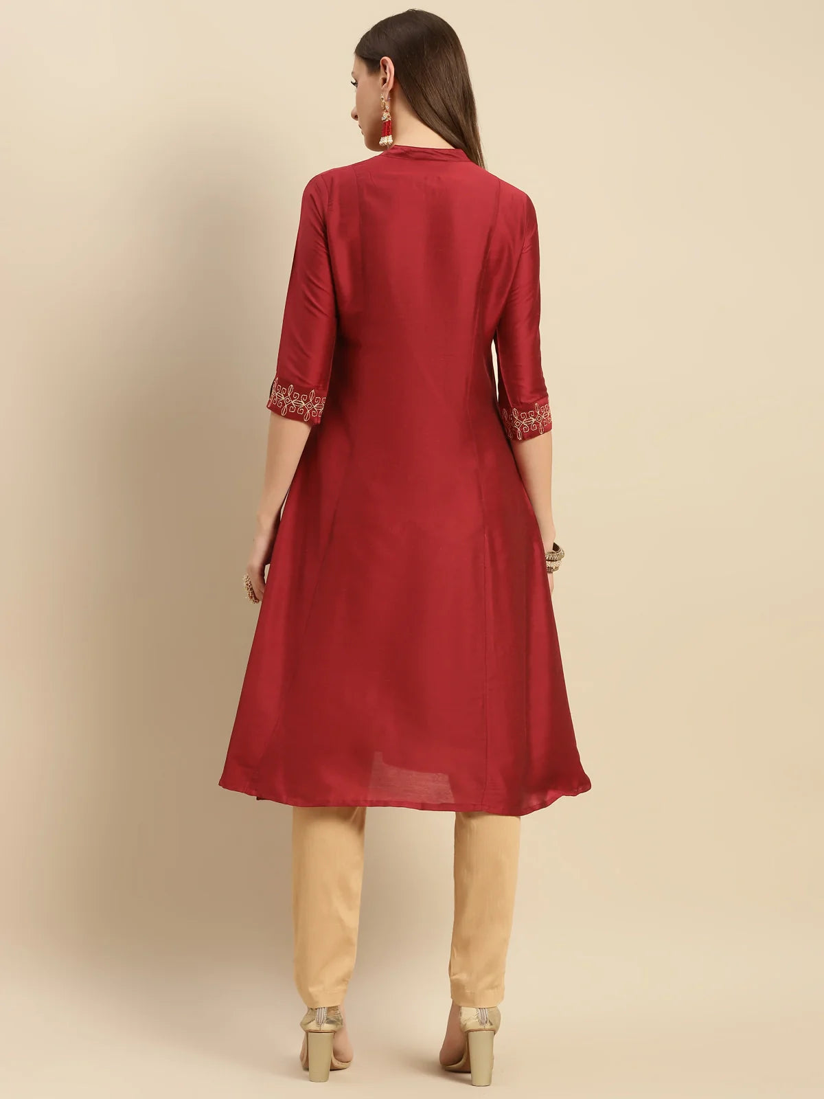 Buy Embroidered Calf Length A-line Kurta With Sleeves Tabs-Maroon