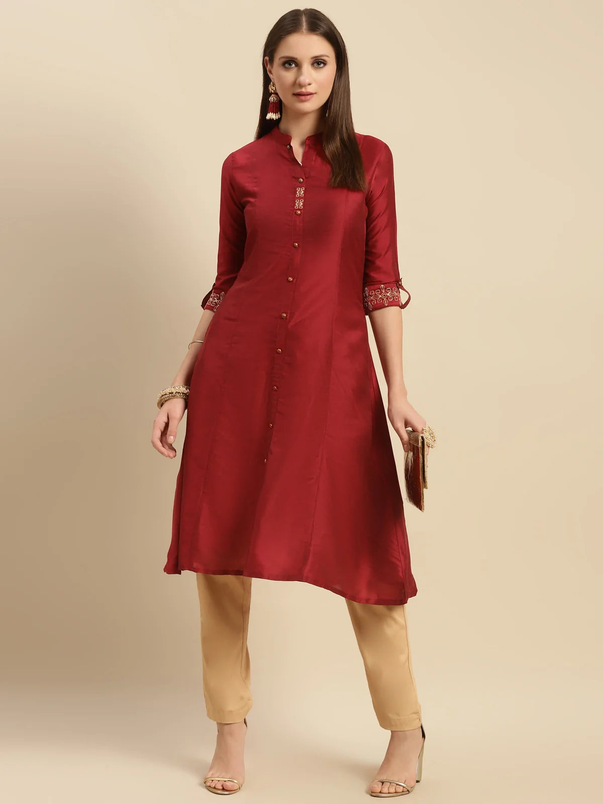 Buy Embroidered Calf Length A-line Kurta With Sleeves Tabs-Maroon