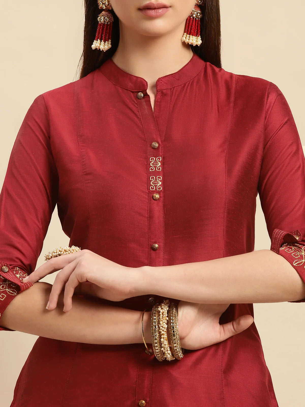 Buy Embroidered Calf Length A-line Kurta With Sleeves Tabs-Maroon