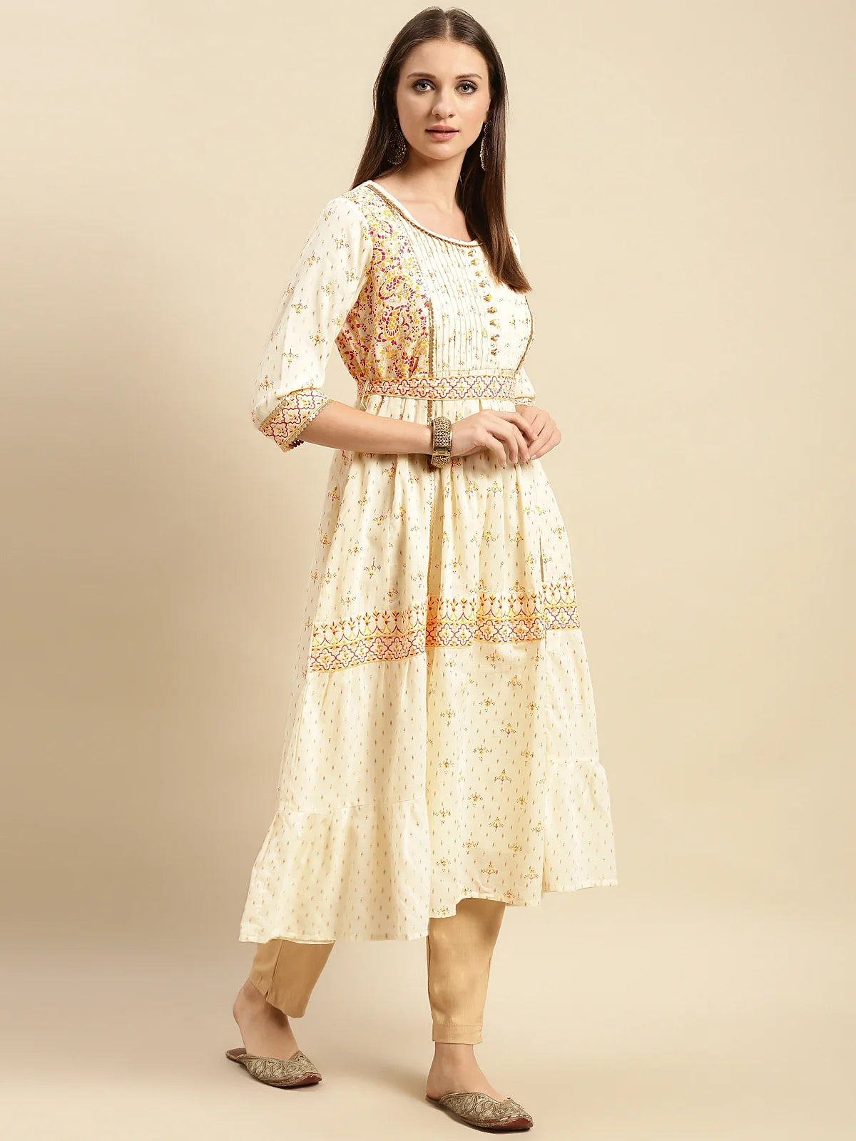 Buy 100% Cotton Yoke Embroidered Self Textured Calf Length Anarkali-Cream