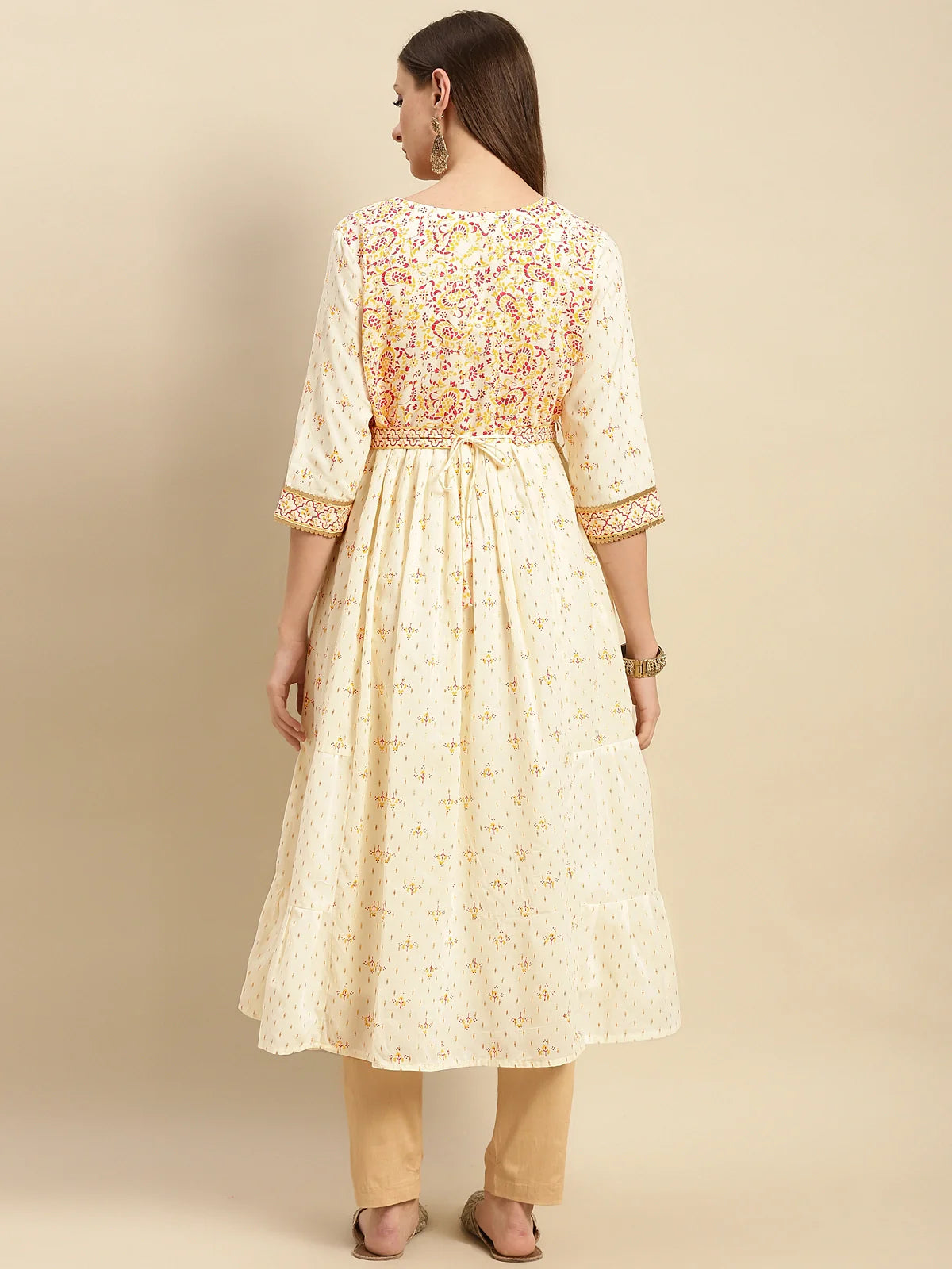 Buy 100% Cotton Yoke Embroidered Self Textured Calf Length Anarkali-Cream