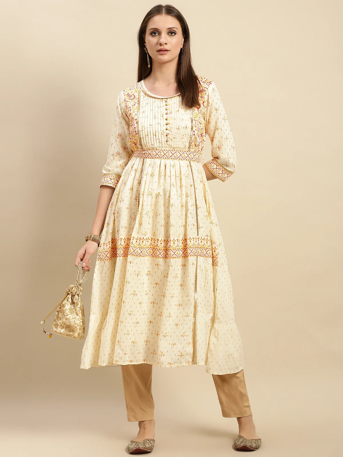 Buy 100% Cotton Yoke Embroidered Self Textured Calf Length Anarkali-Cream