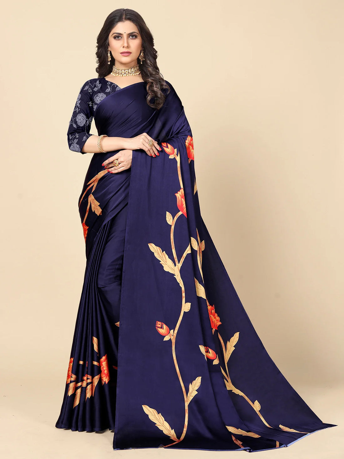 Buy Floral Printed Crepe Saree With Blouse Piece-Blue