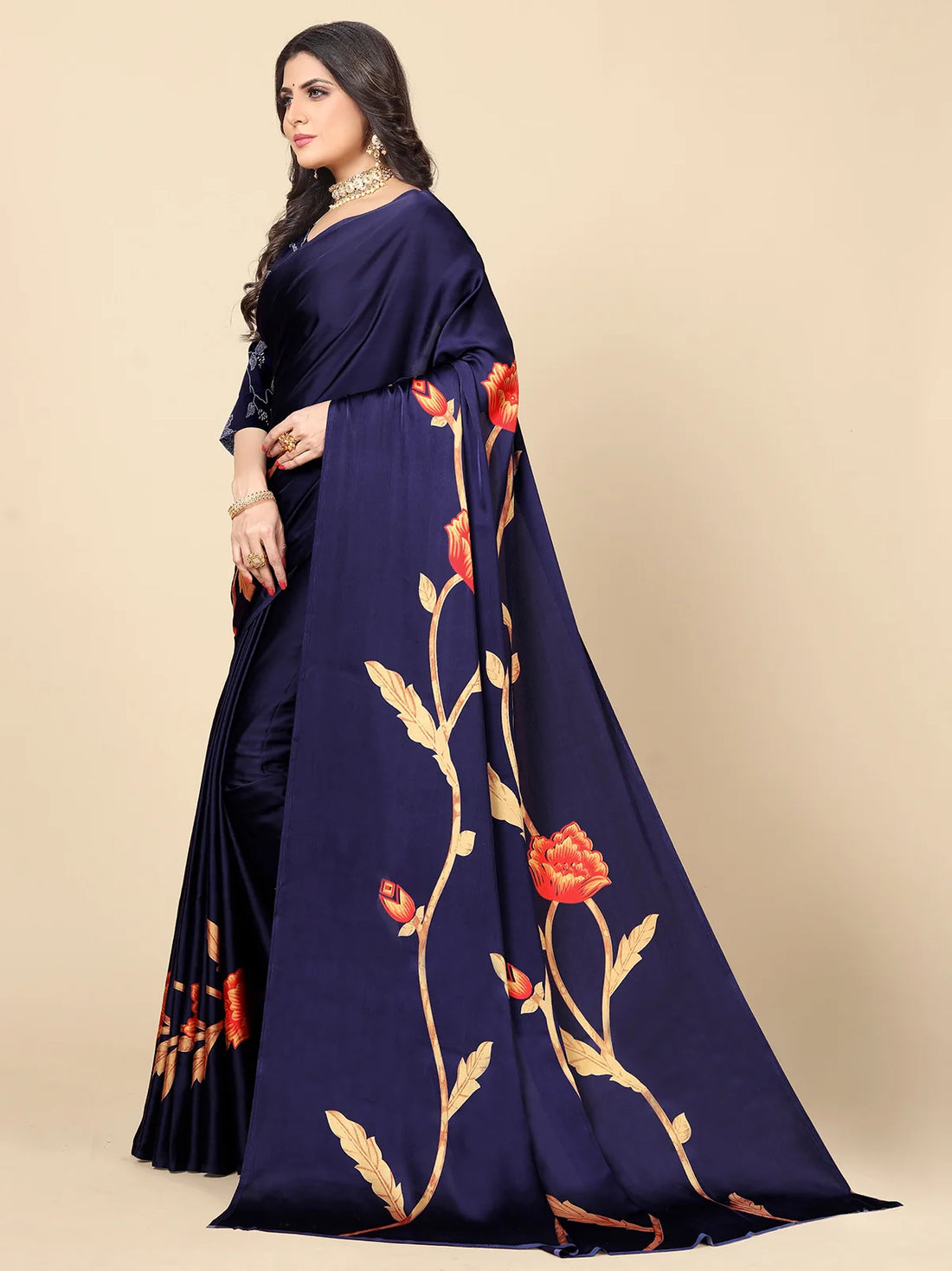 Buy Floral Printed Crepe Saree With Blouse Piece-Blue