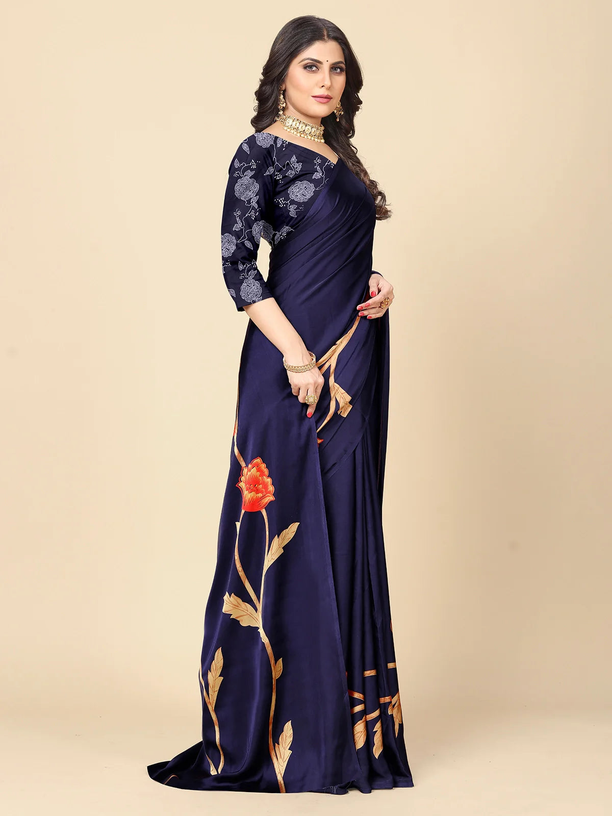 Buy Floral Printed Crepe Saree With Blouse Piece-Blue