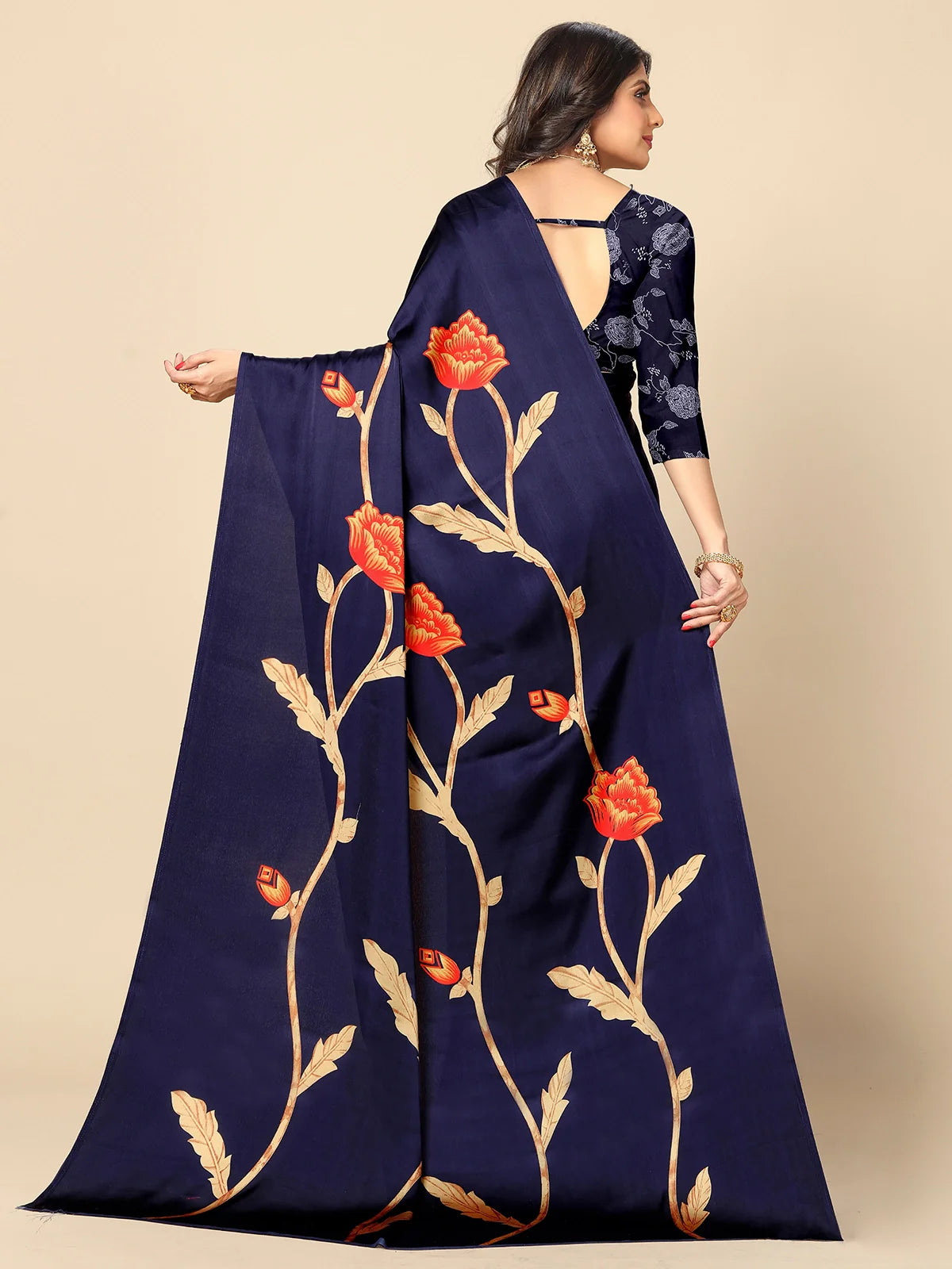 Buy Floral Printed Crepe Saree With Blouse Piece-Blue