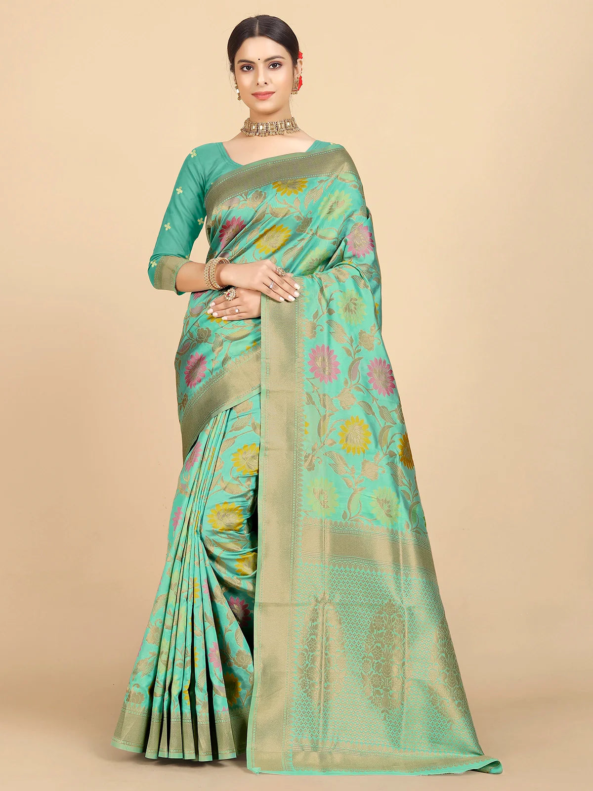 Buy Banarasi Silk Zari Work Saree With Blouse Piece-Light Green