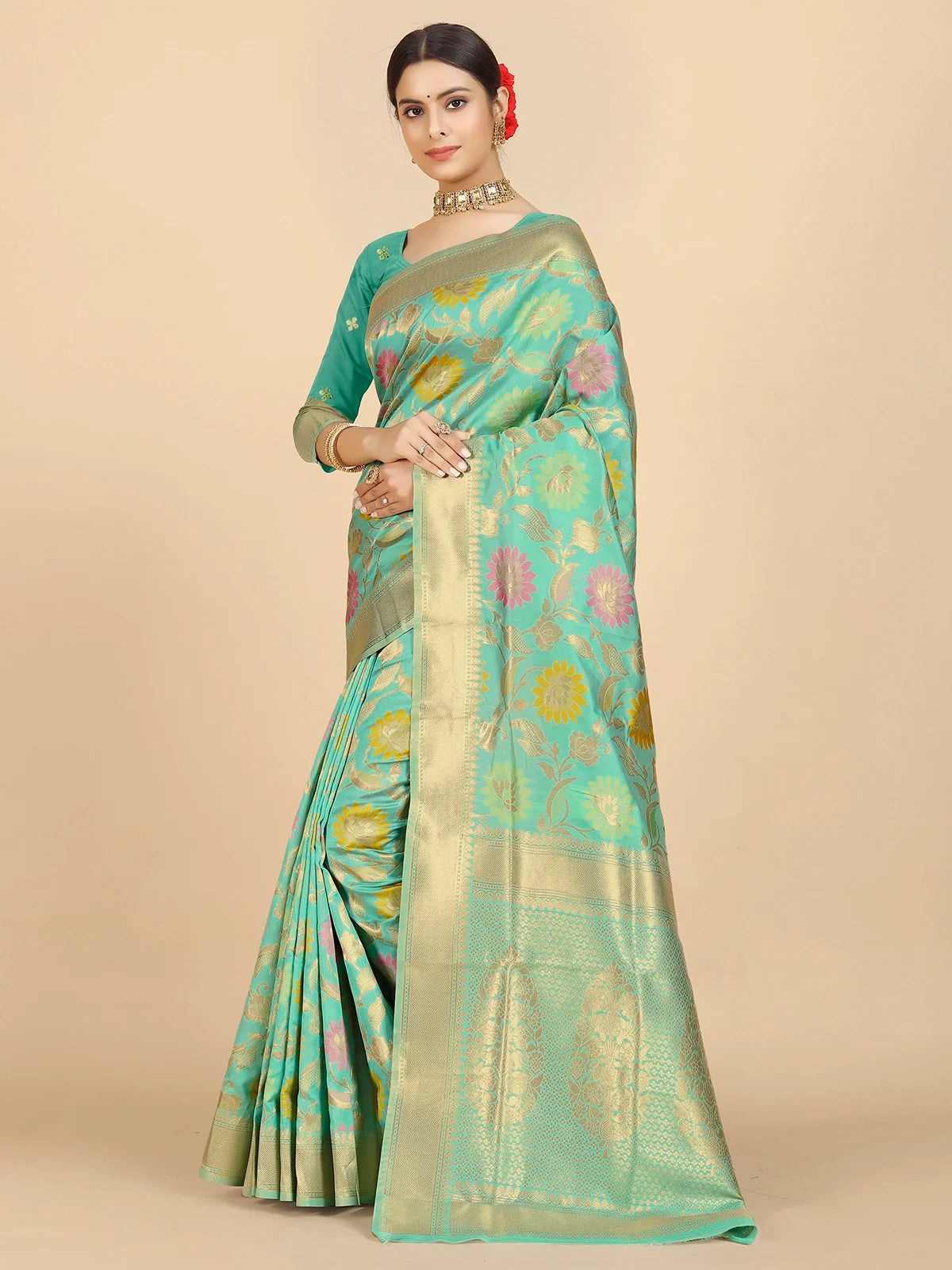 Buy Banarasi Silk Zari Work Saree With Blouse Piece-Light Green