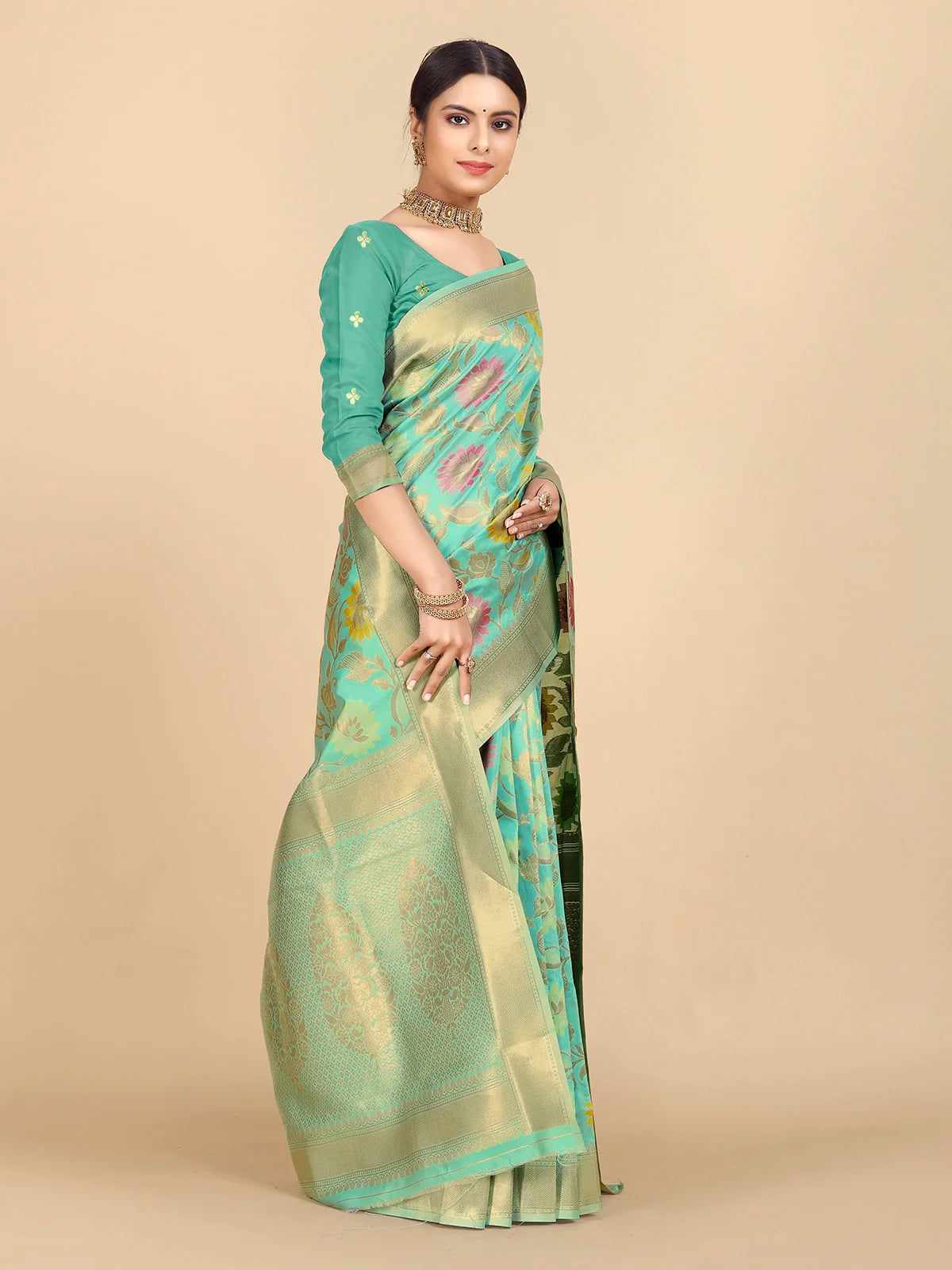 Buy Banarasi Silk Zari Work Saree With Blouse Piece-Light Green