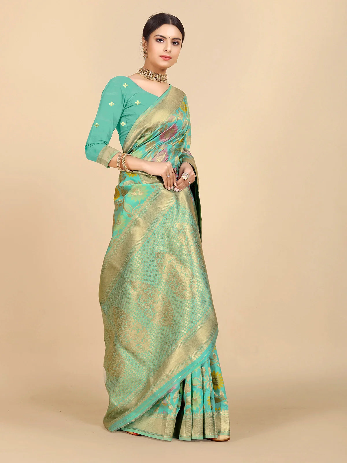 Buy Banarasi Silk Zari Work Saree With Blouse Piece-Light Green