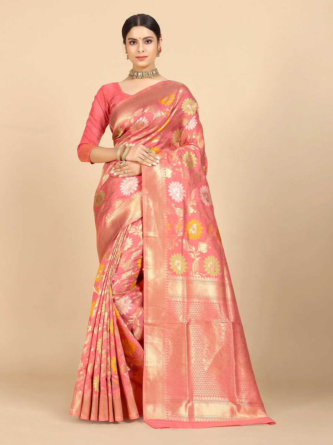 Buy Banarasi Silk Zari Work Saree With Blouse Piece-Peach