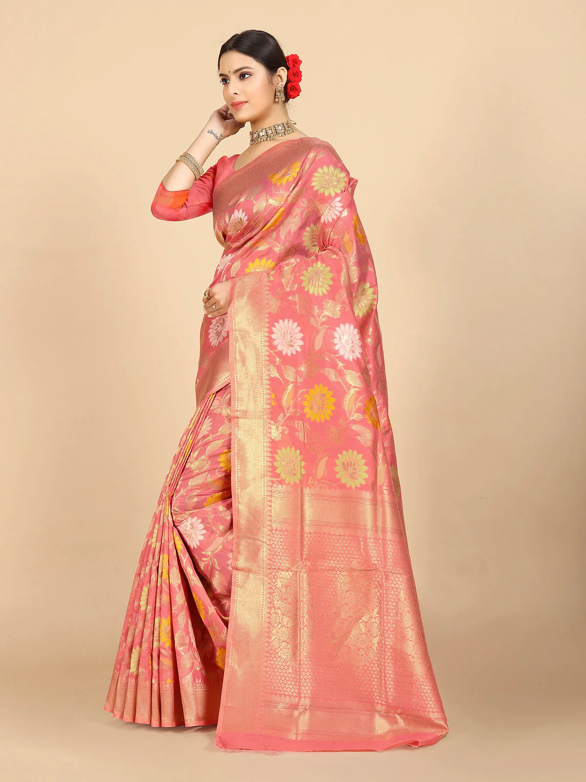 Buy Banarasi Silk Zari Work Saree With Blouse Piece-Peach