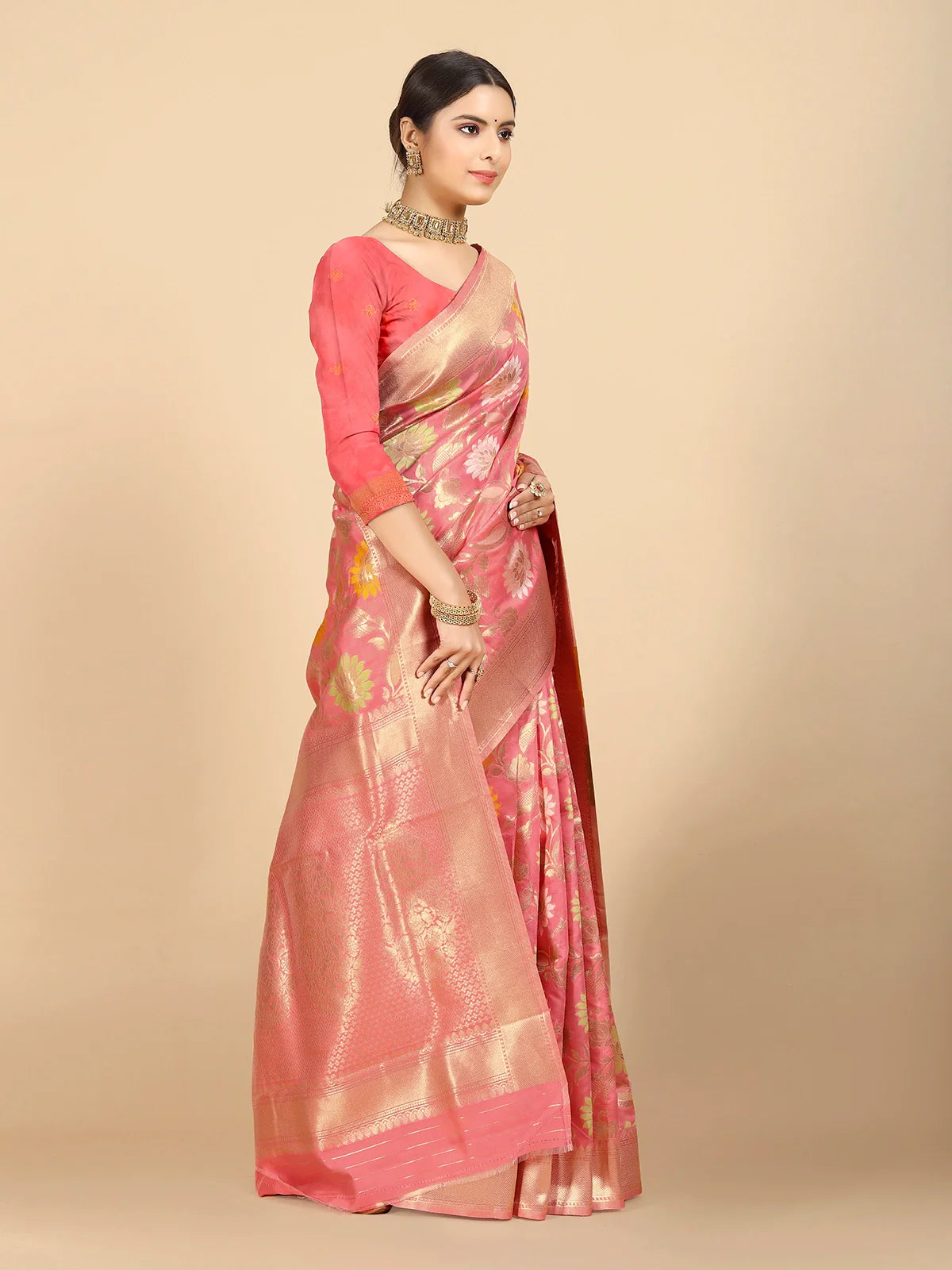 Buy Banarasi Silk Zari Work Saree With Blouse Piece-Peach