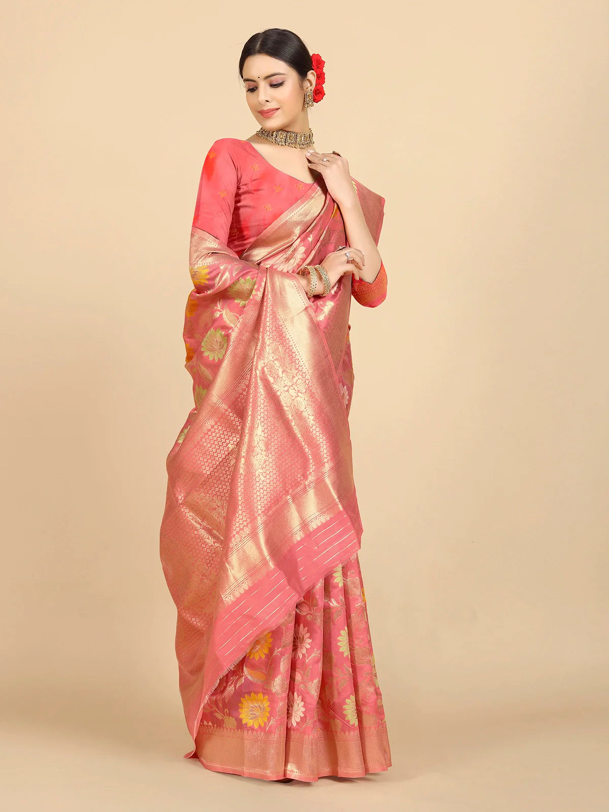 Buy Banarasi Silk Zari Work Saree With Blouse Piece-Peach