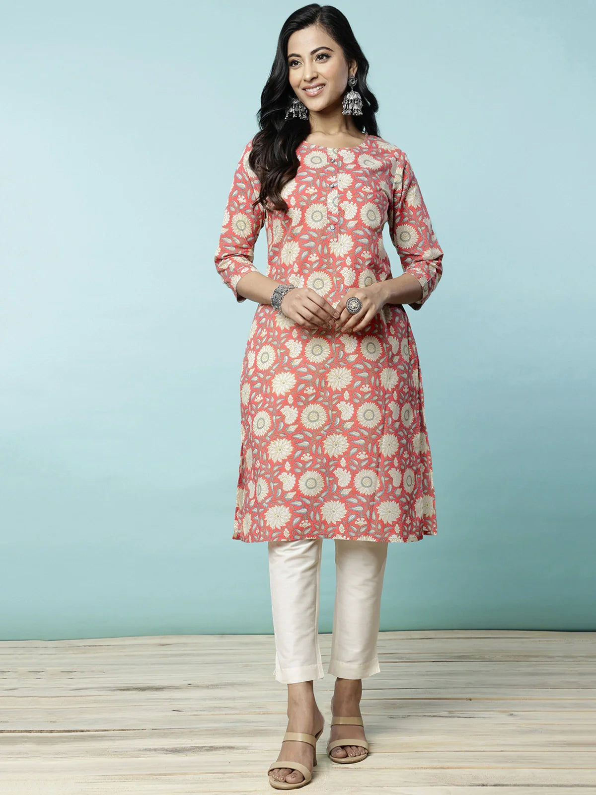 Buy Cotton Floral Printed Knee Length Straight Kurta-Orange