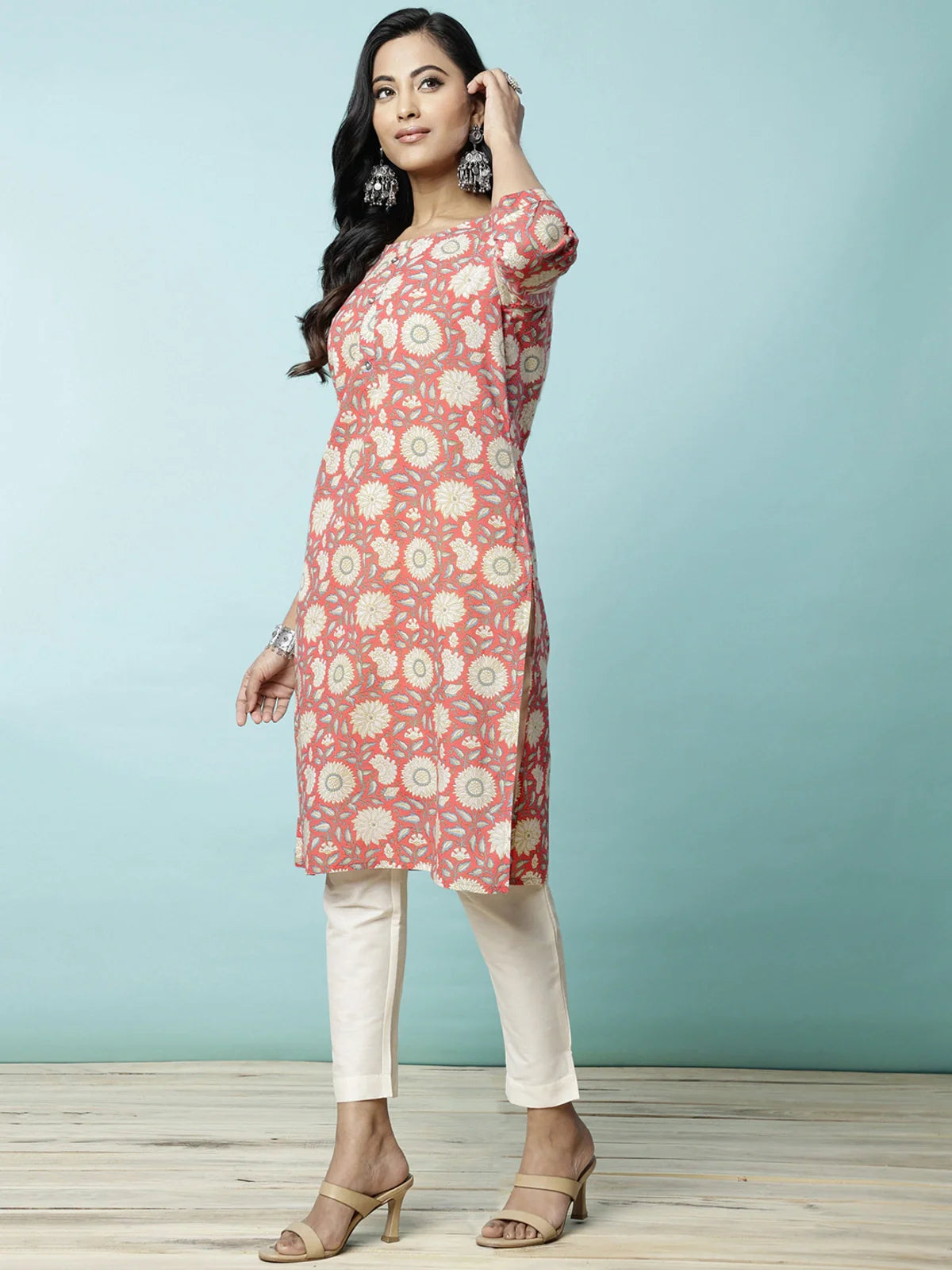 Buy Cotton Floral Printed Knee Length Straight Kurta-Orange