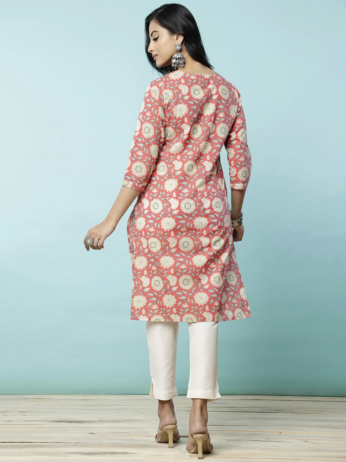 Buy Cotton Floral Printed Knee Length Straight Kurta-Orange