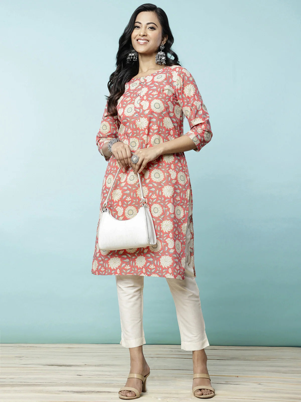 Buy Cotton Floral Printed Knee Length Straight Kurta-Orange