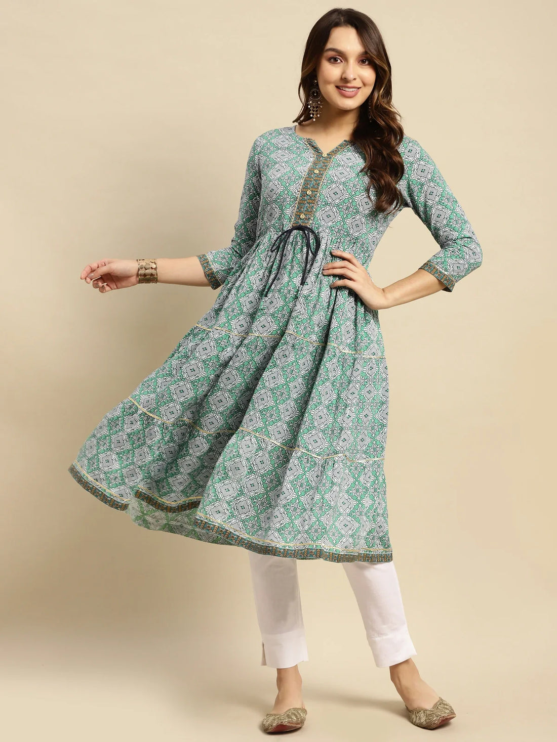 Buy Rayon Printed Calf Length Tiered Kurta-Teal