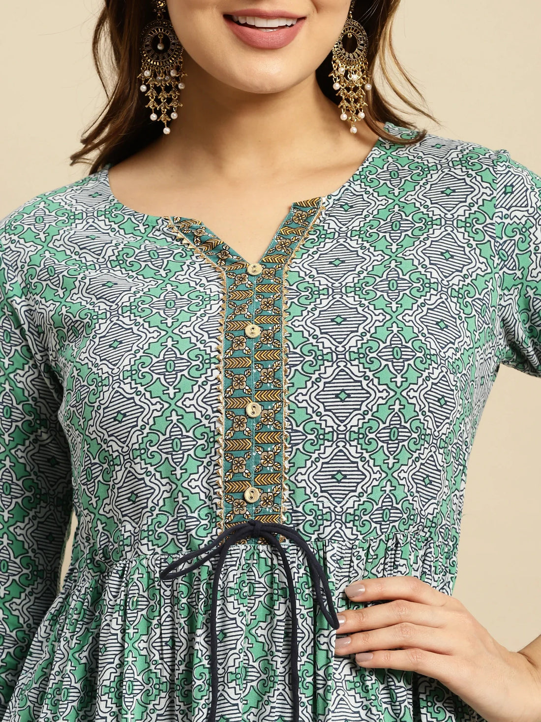 Buy Rayon Printed Calf Length Tiered Kurta-Teal