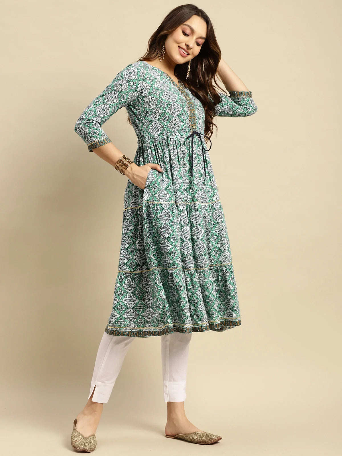 Buy Rayon Printed Calf Length Tiered Kurta-Teal