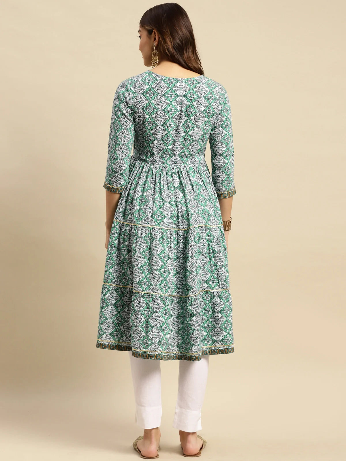 Buy Rayon Printed Calf Length Tiered Kurta-Teal