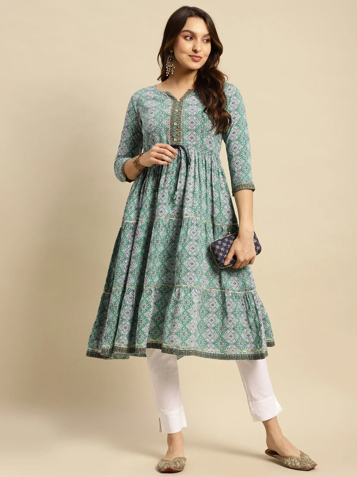 Buy Rayon Printed Calf Length Tiered Kurta-Teal