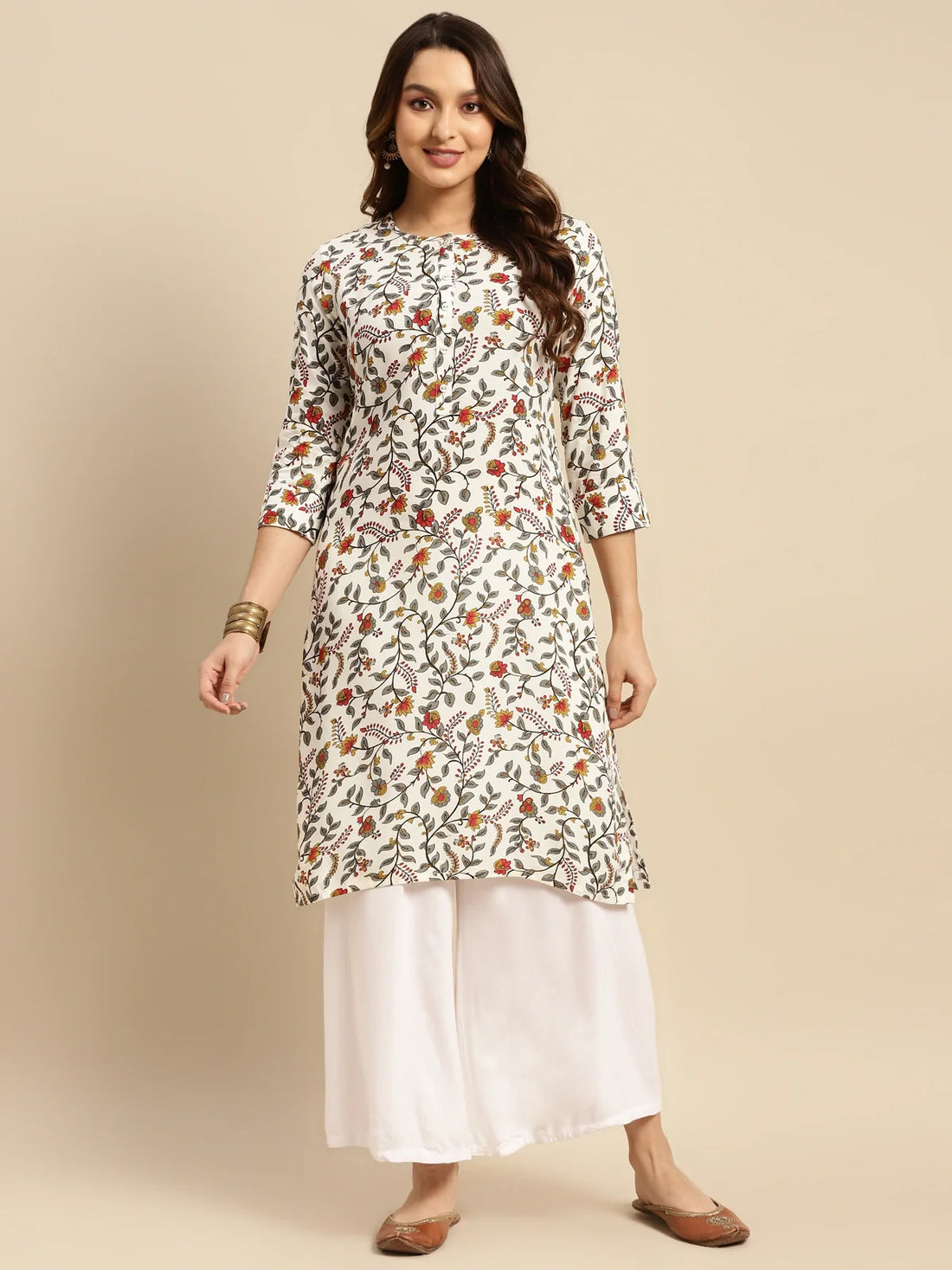 Buy Rayon Floral Printed Calf Length Straight Kurta-White