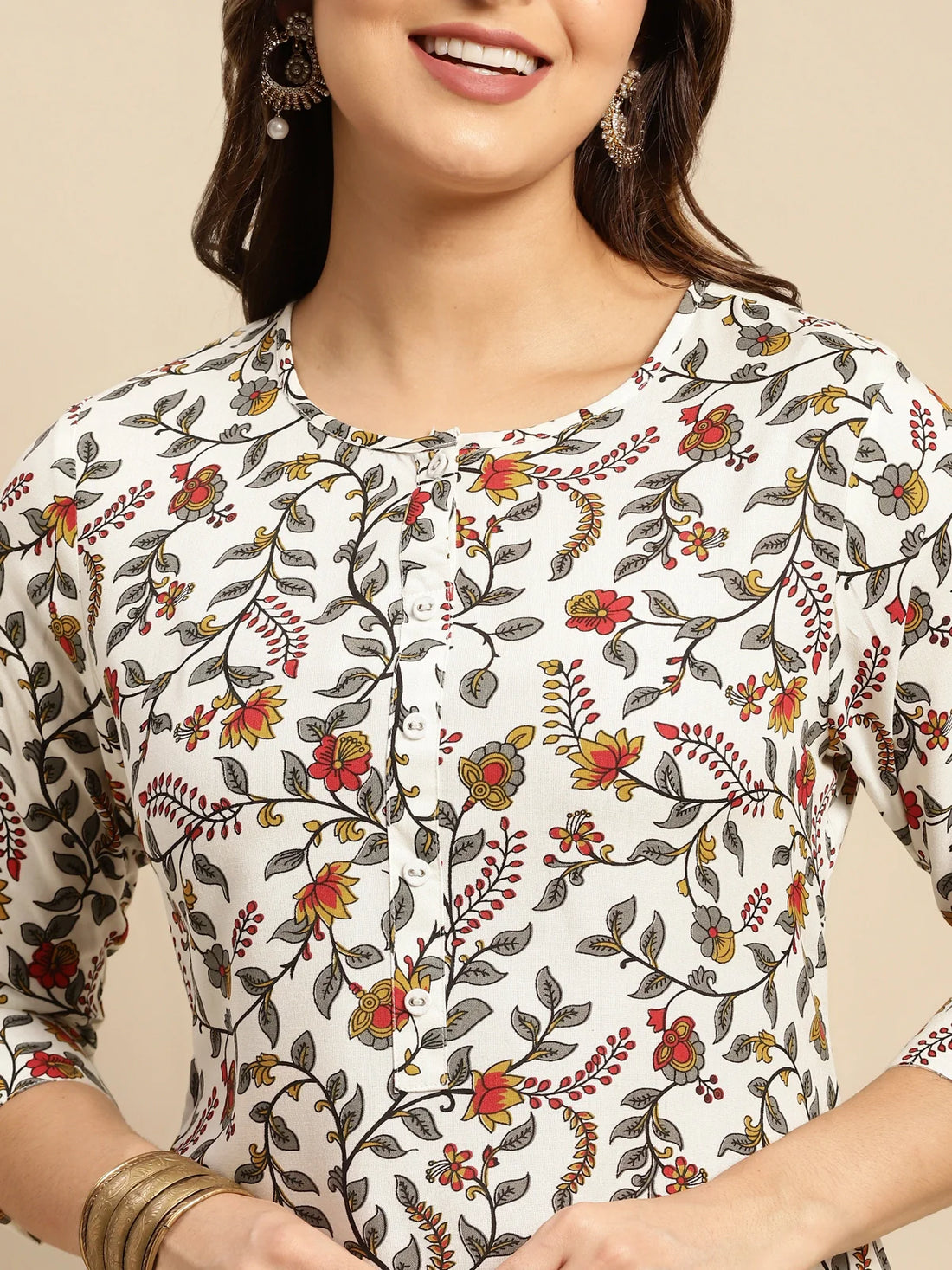 Buy Rayon Floral Printed Calf Length Straight Kurta-White
