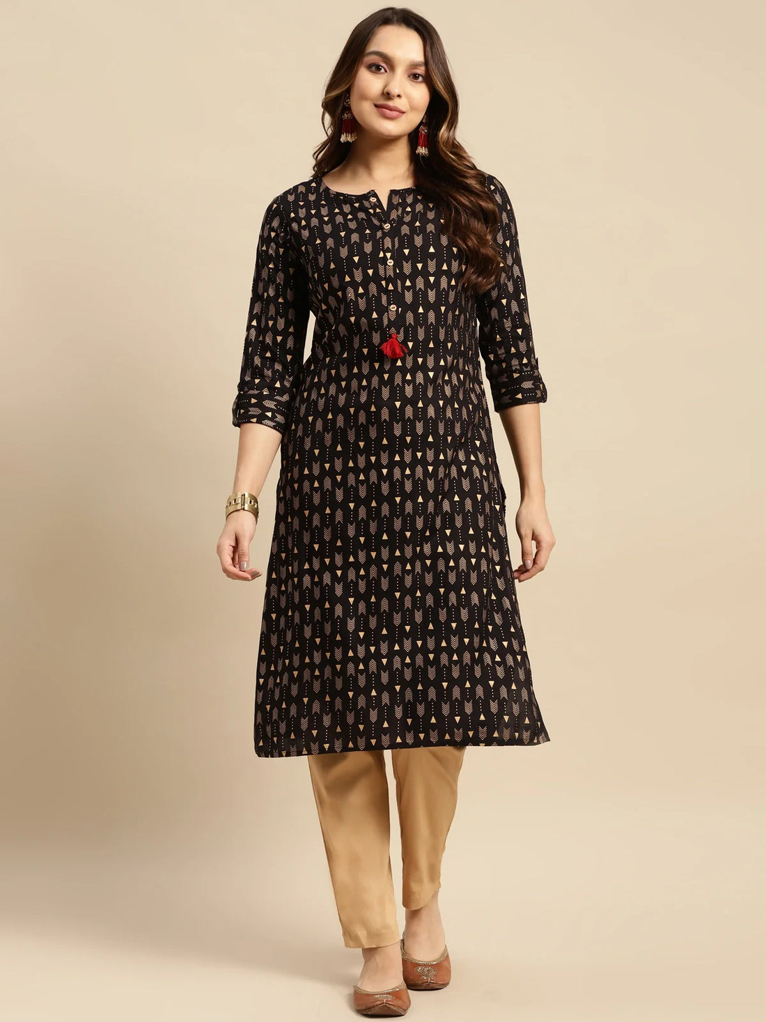 Buy Rayon Gold Printed Calf Length Straight Kurta-Black