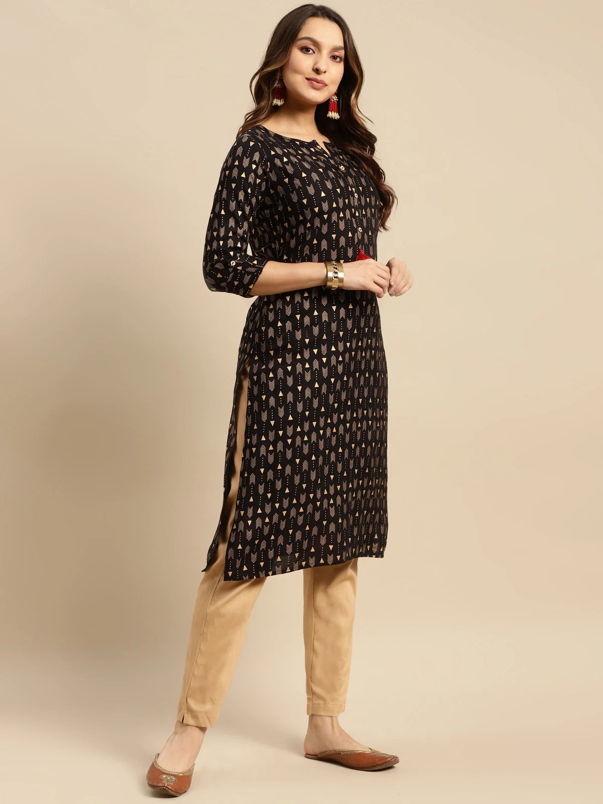 Buy Rayon Gold Printed Calf Length Straight Kurta-Black