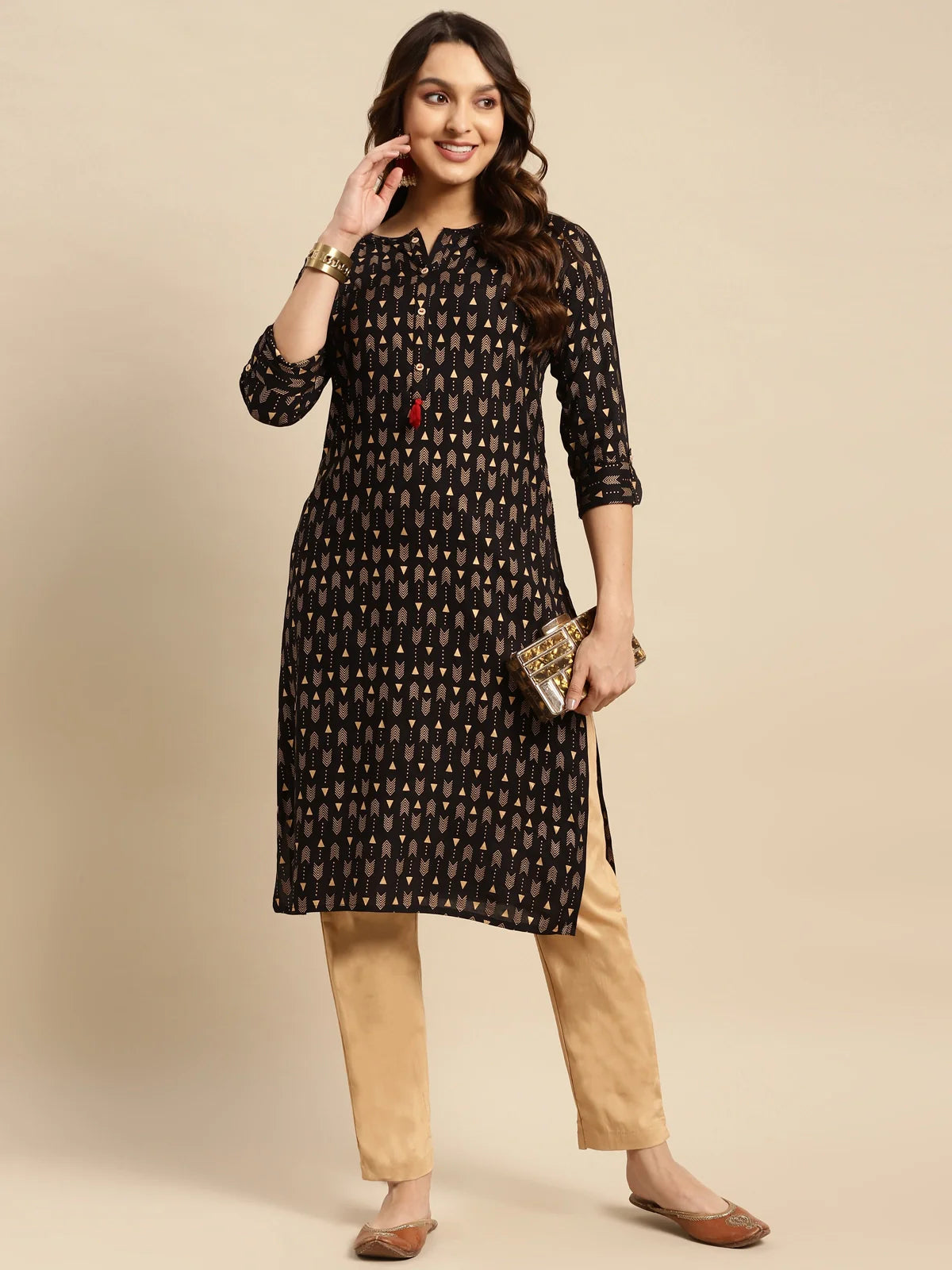 Buy Rayon Gold Printed Calf Length Straight Kurta-Black