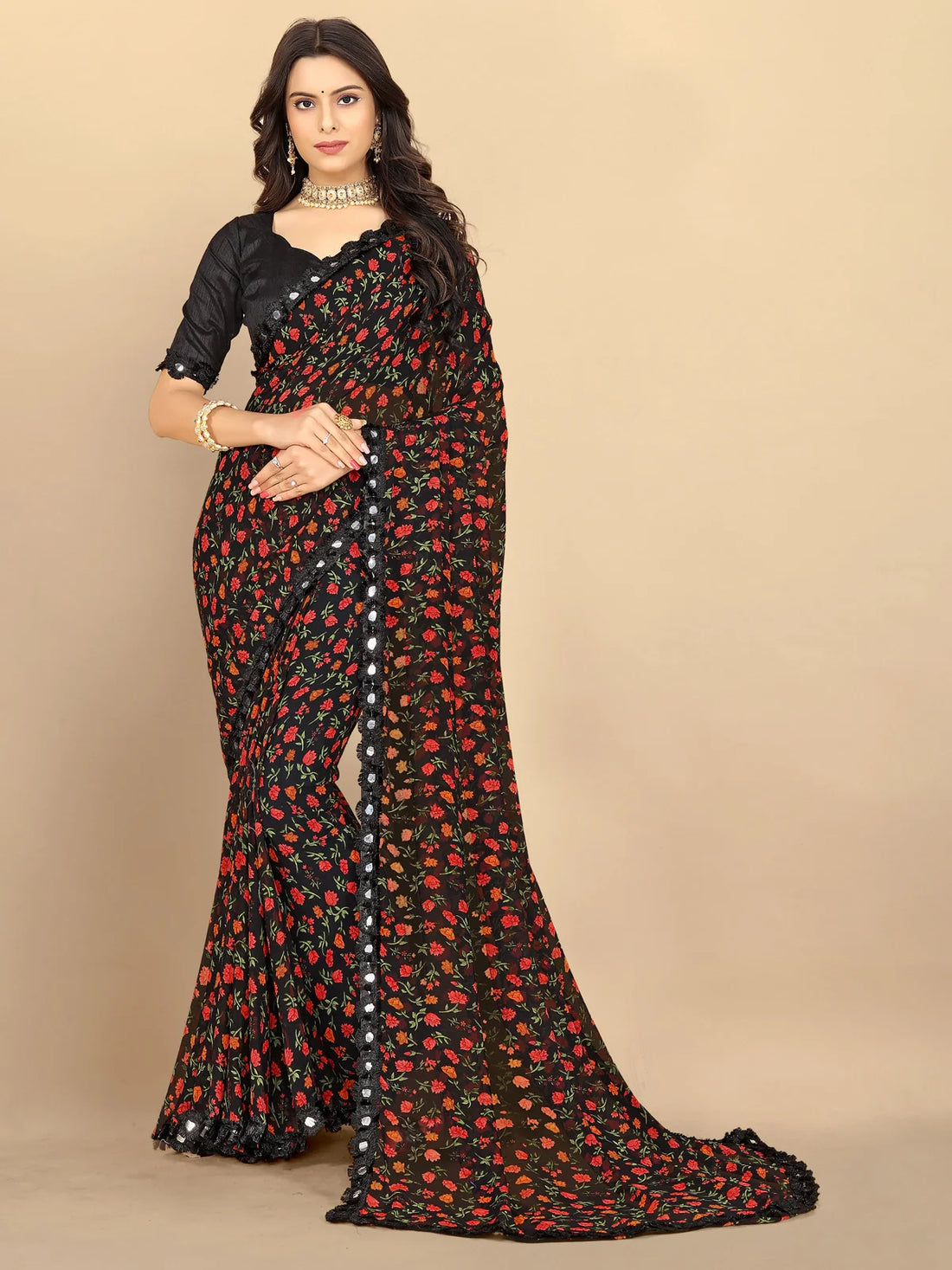 Buy Floral Printed Georgette Saree With Blouse Piece-Black