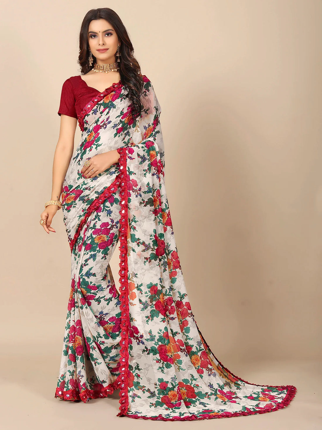 Buy Floral Printed Georgette Saree With Blouse Piece-Off White