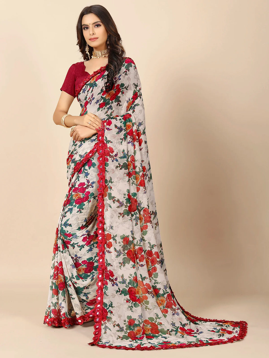 Buy Floral Printed Georgette Saree With Blouse Piece-Off White