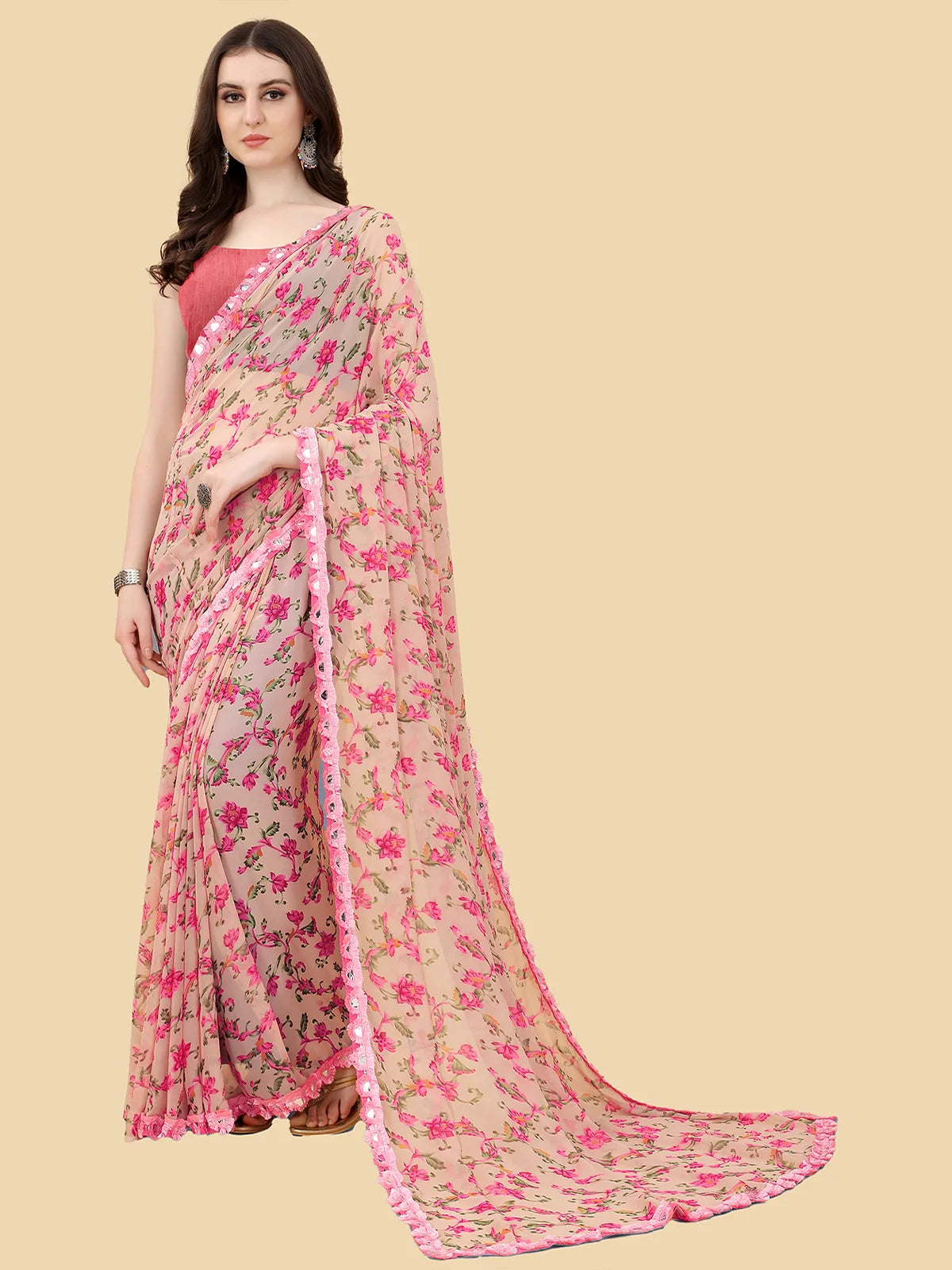 Buy Floral Printed Georgette Saree With Blouse Piece-Pink