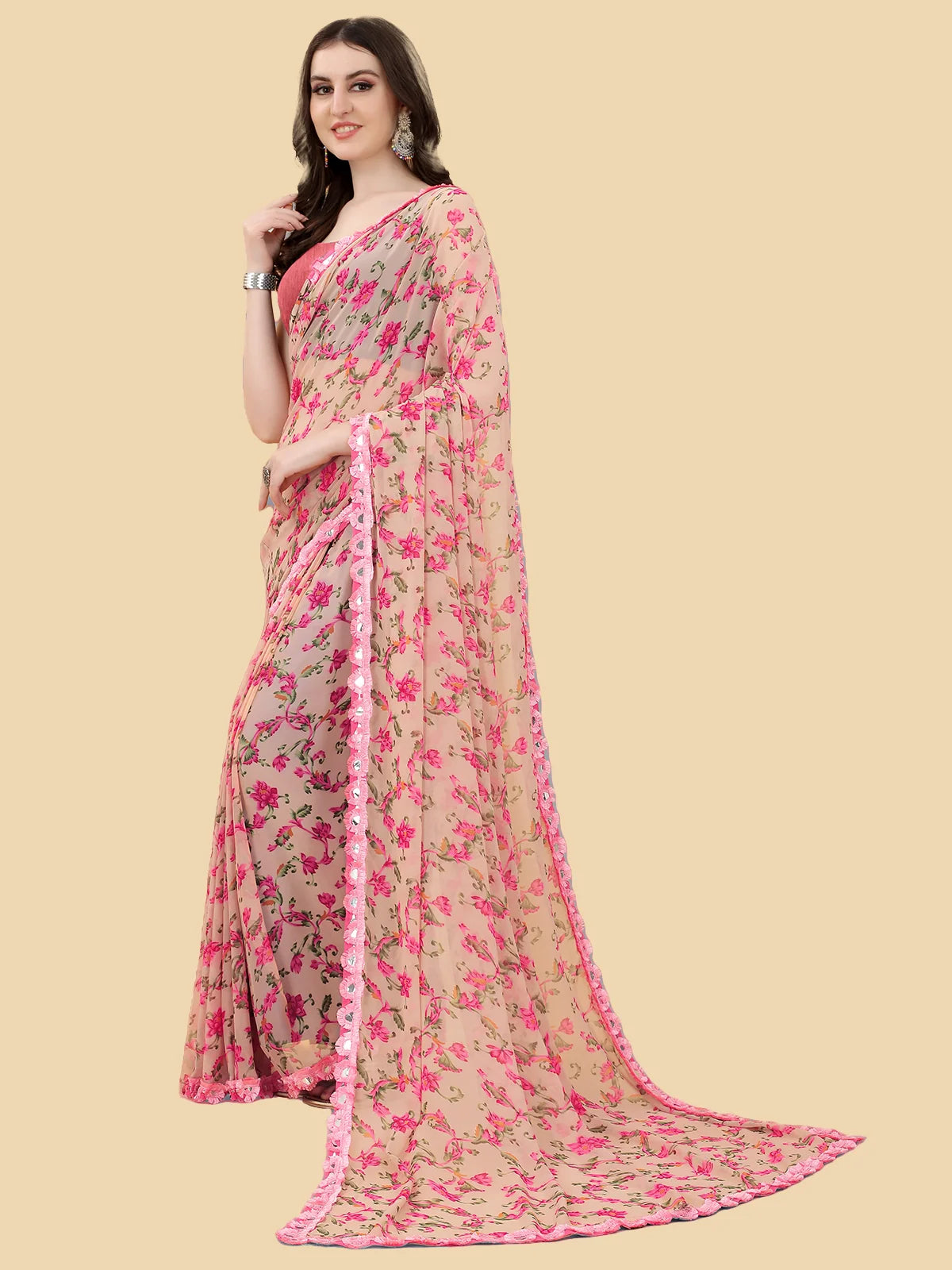 Buy Floral Printed Georgette Saree With Blouse Piece-Pink