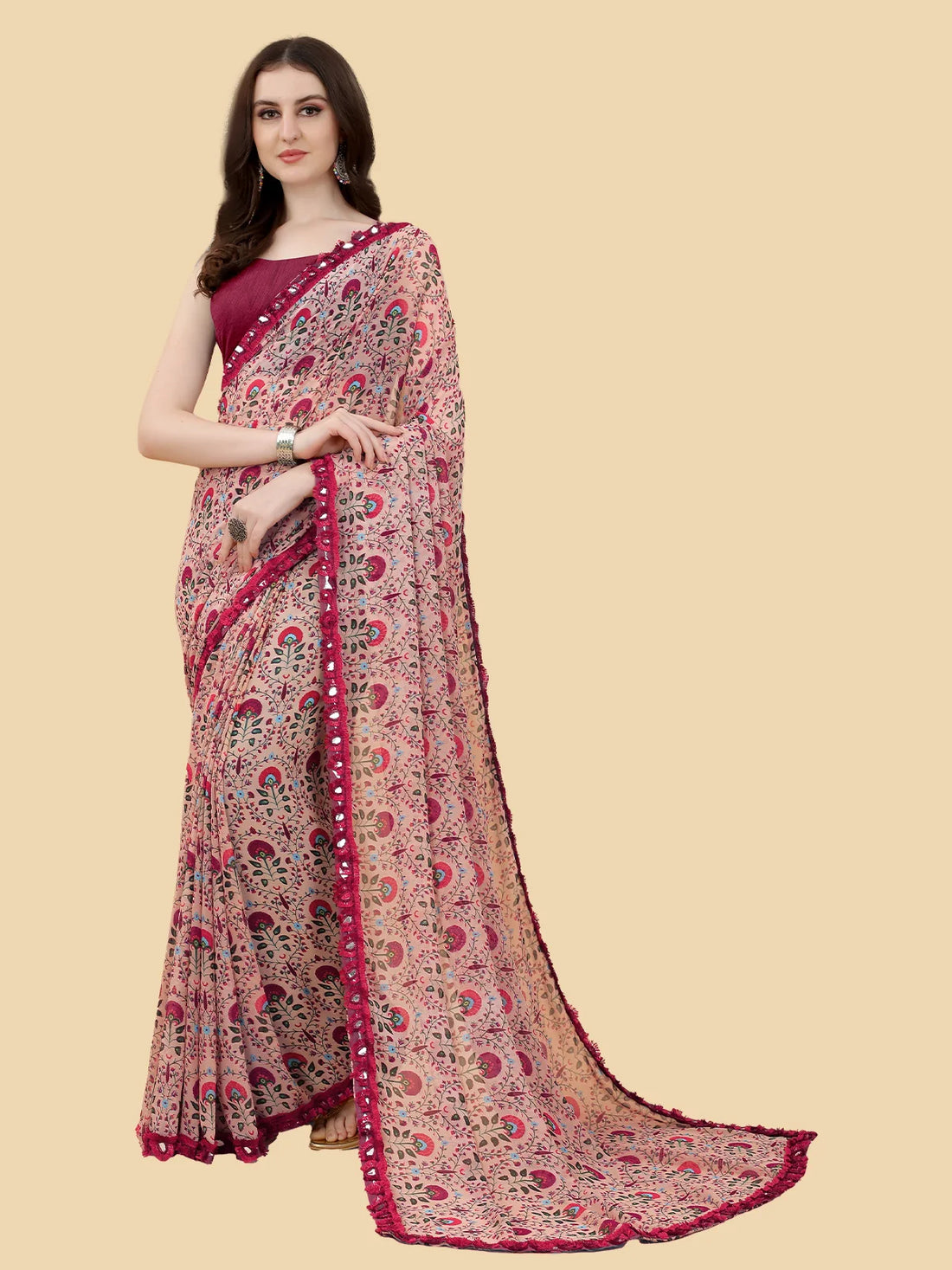 Buy Floral Printed Georgette Saree With Blouse Piece-Rose Gold