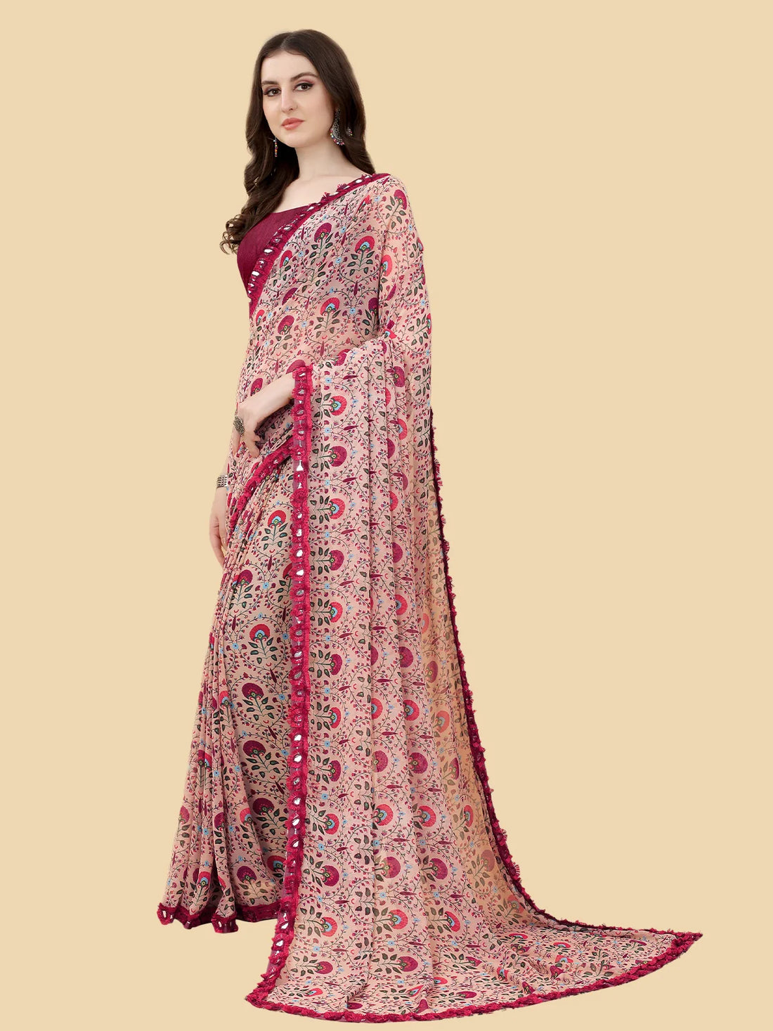 Buy Floral Printed Georgette Saree With Blouse Piece-Rose Gold