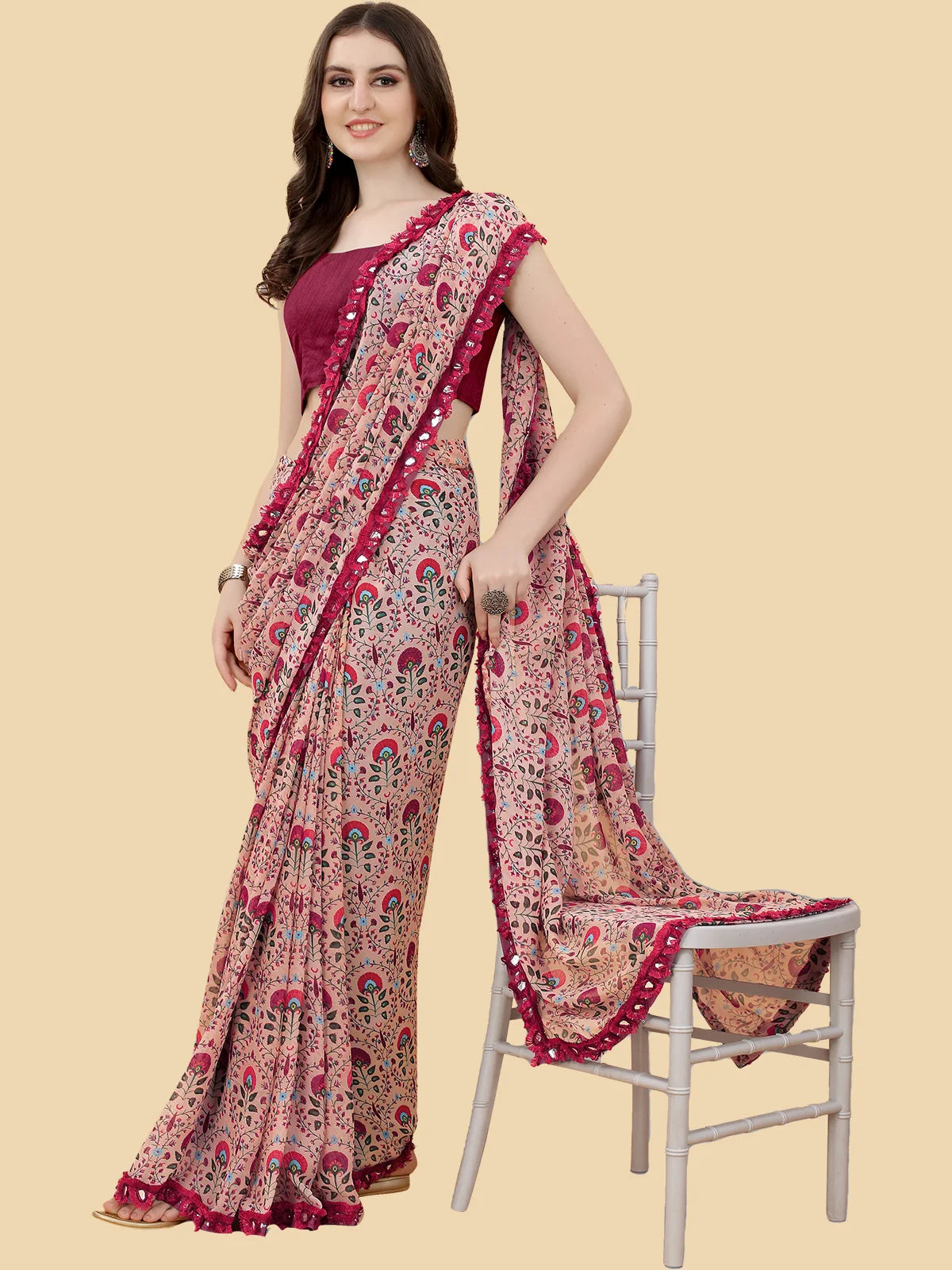 Buy Floral Printed Georgette Saree With Blouse Piece-Rose Gold