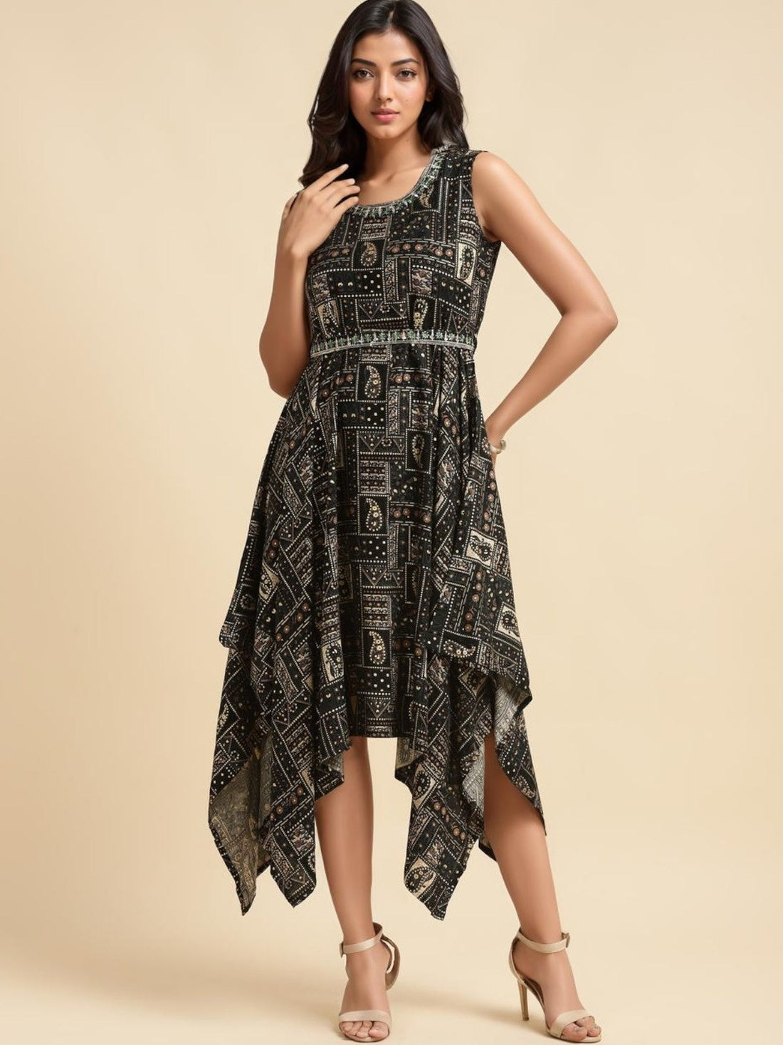 Buy Cotton Printed Asymmetric Calf Length Dress-Green