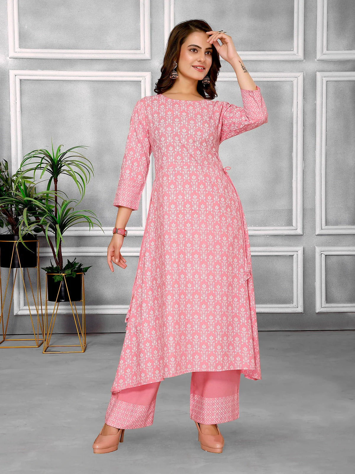 Buy Rayon Floral Printed Calf Length A-line Kurta With Pant-Pink