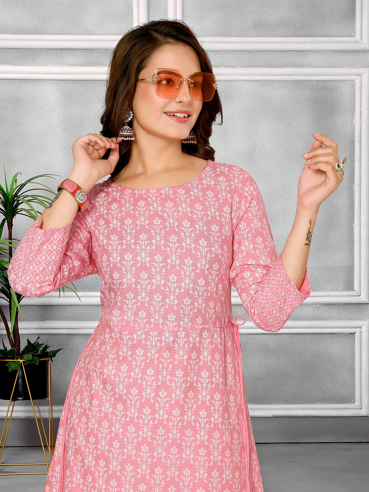 Buy Rayon Floral Printed Calf Length A-line Kurta With Pant-Pink