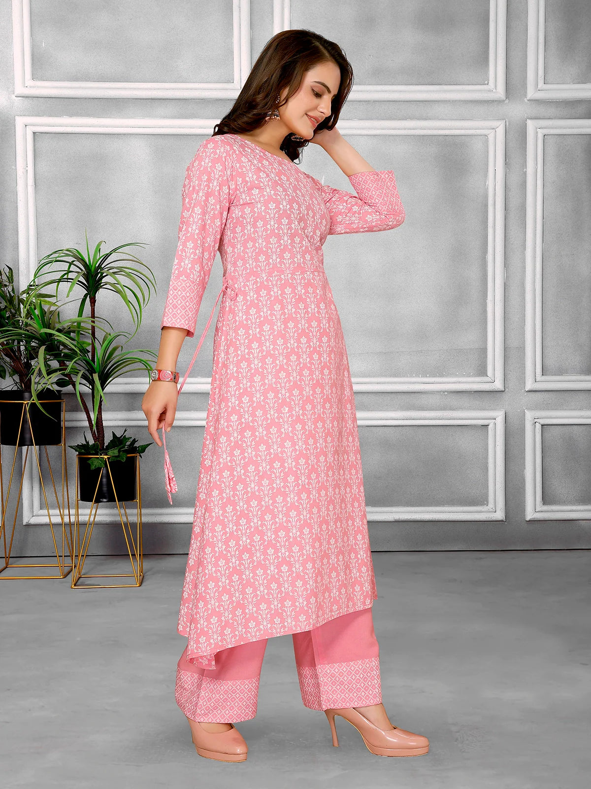 Buy Rayon Floral Printed Calf Length A-line Kurta With Pant-Pink