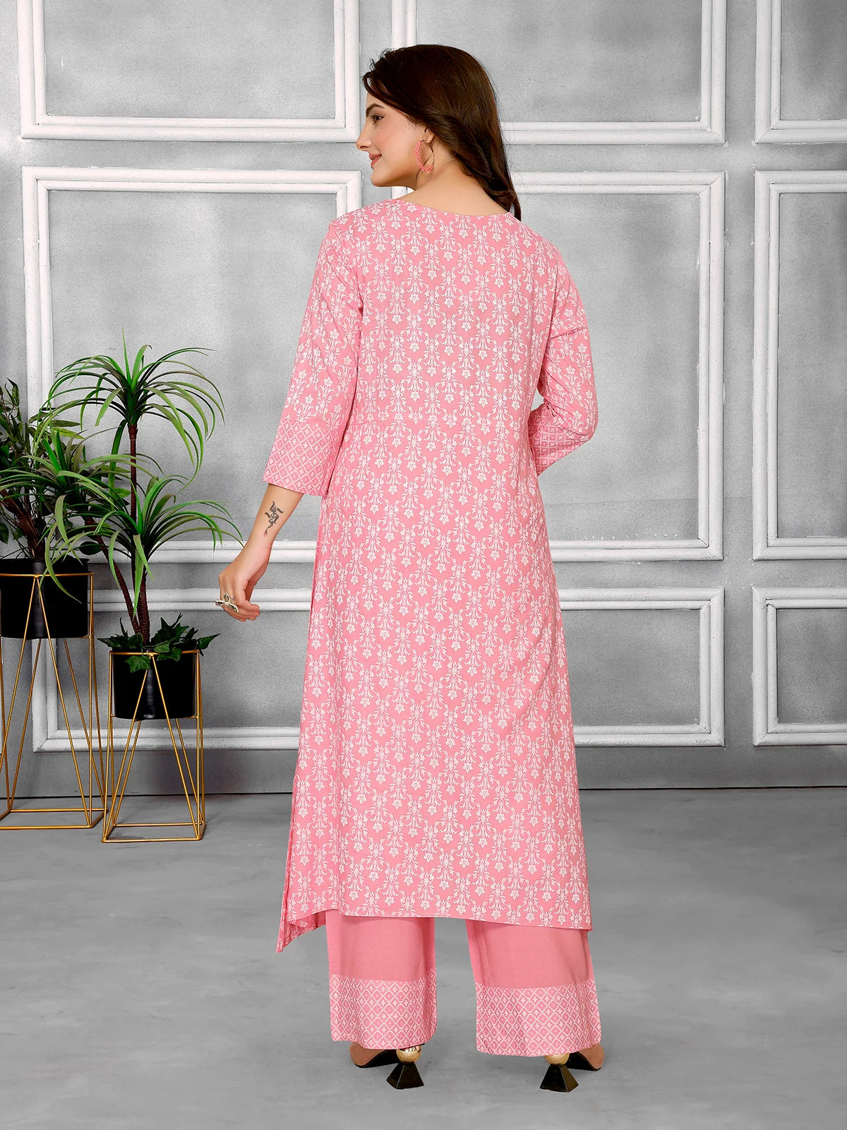 Buy Rayon Floral Printed Calf Length A-line Kurta With Pant-Pink