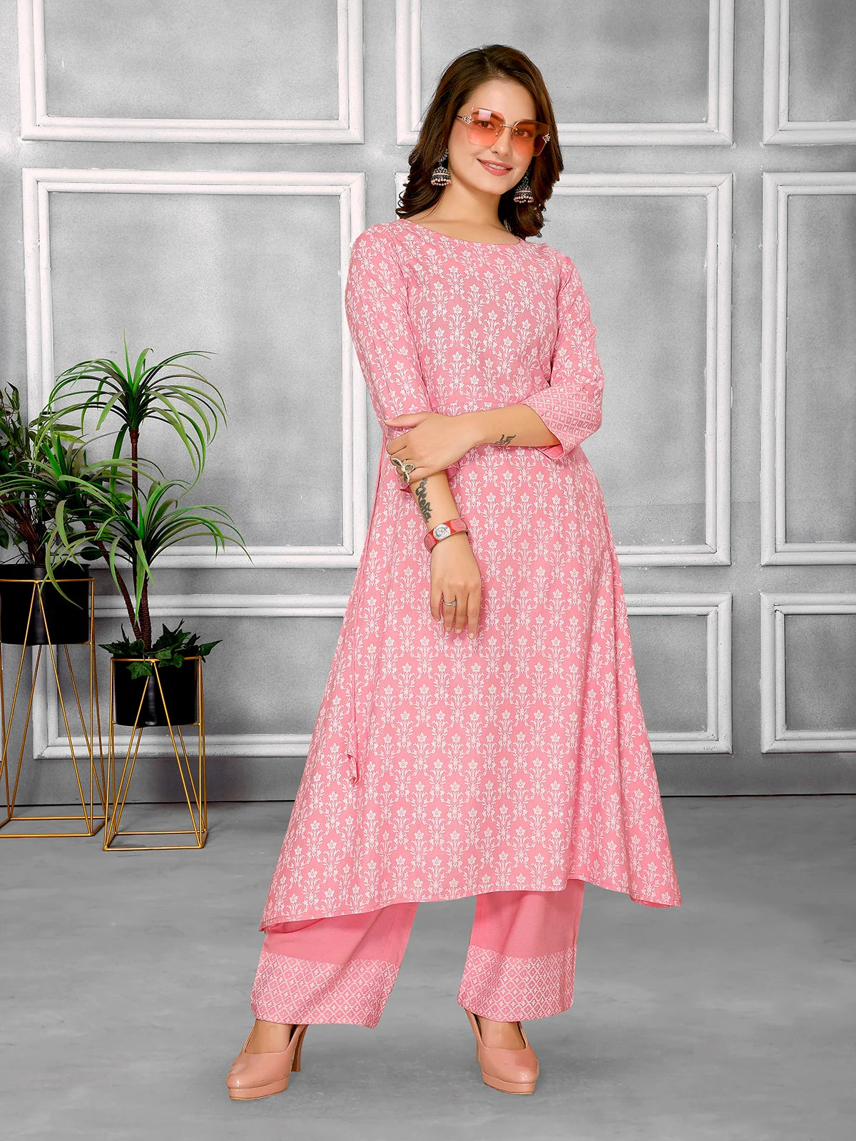 Buy Rayon Floral Printed Calf Length A-line Kurta With Pant-Pink