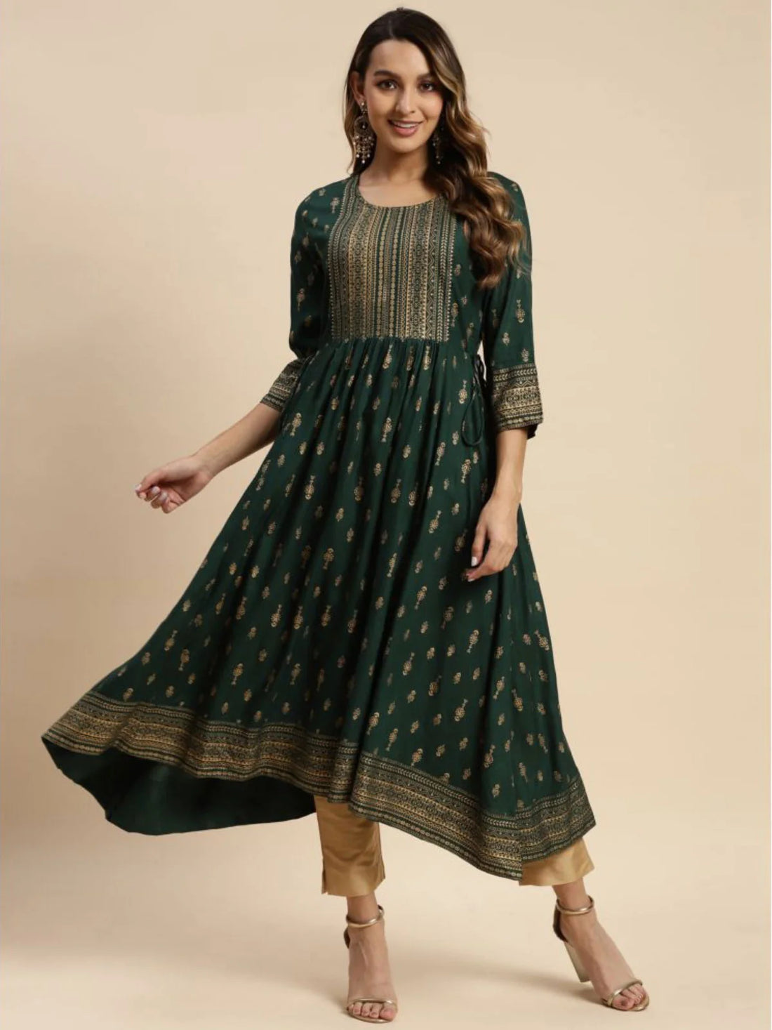 Buy Rayon Gold Printed Calf Length Kurta Anarkali-Green