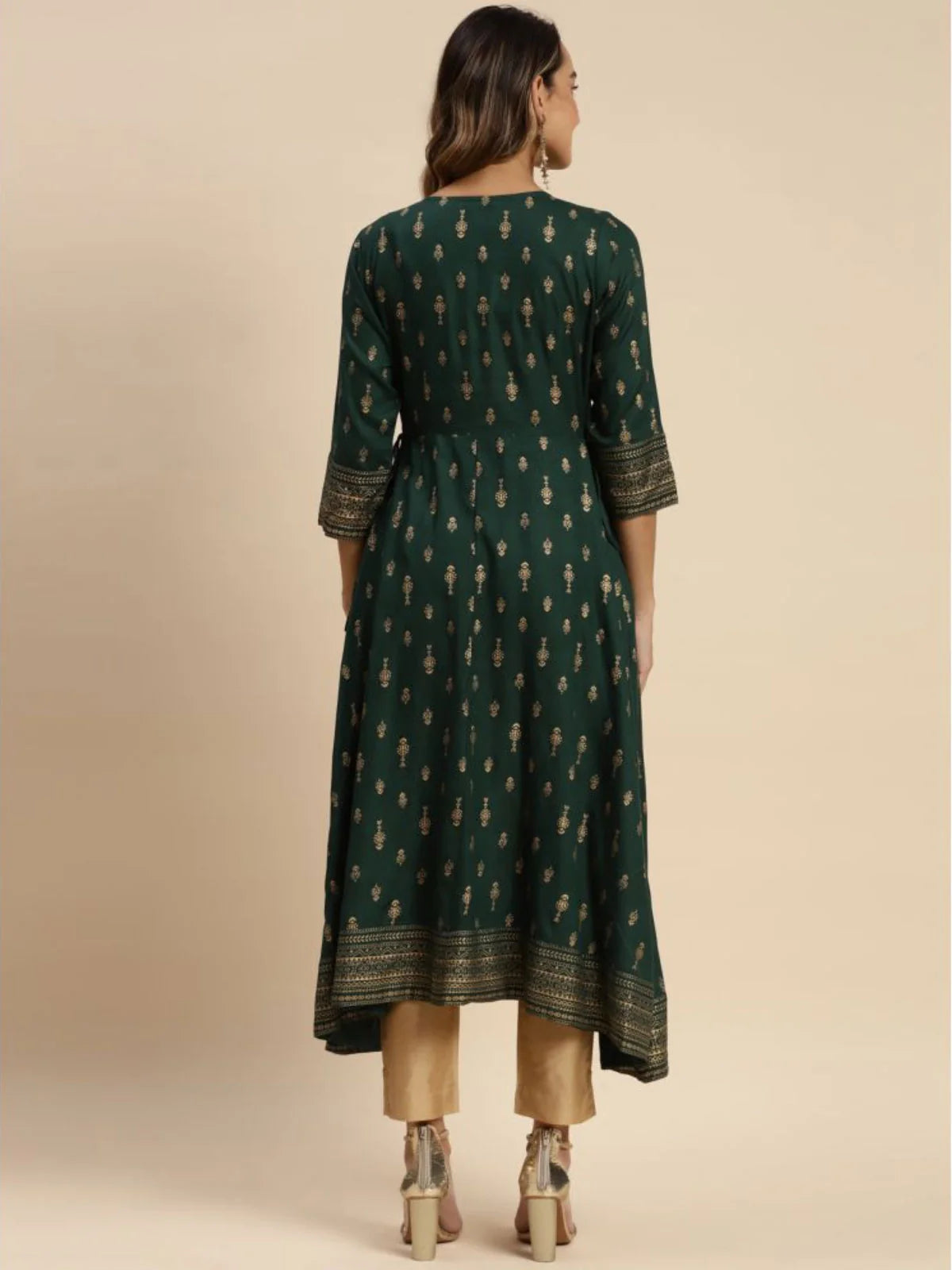 Buy Rayon Gold Printed Calf Length Kurta Anarkali-Green