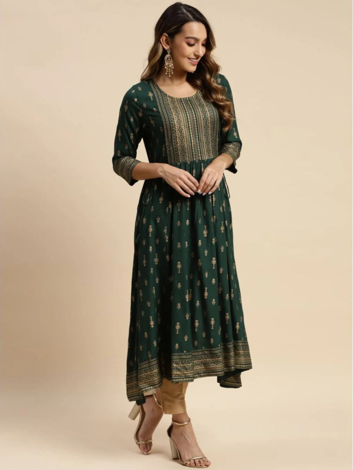 Buy Rayon Gold Printed Calf Length Kurta Anarkali-Green