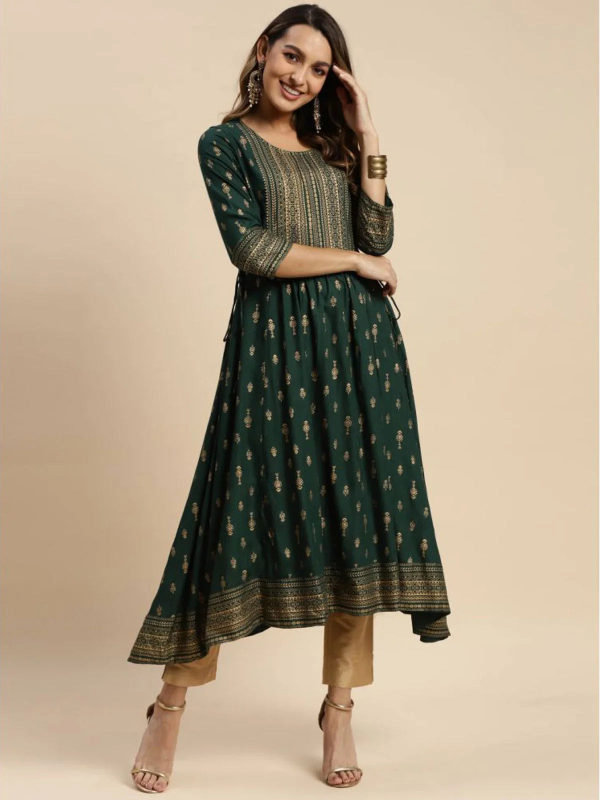 Buy Rayon Gold Printed Calf Length Kurta Anarkali-Green